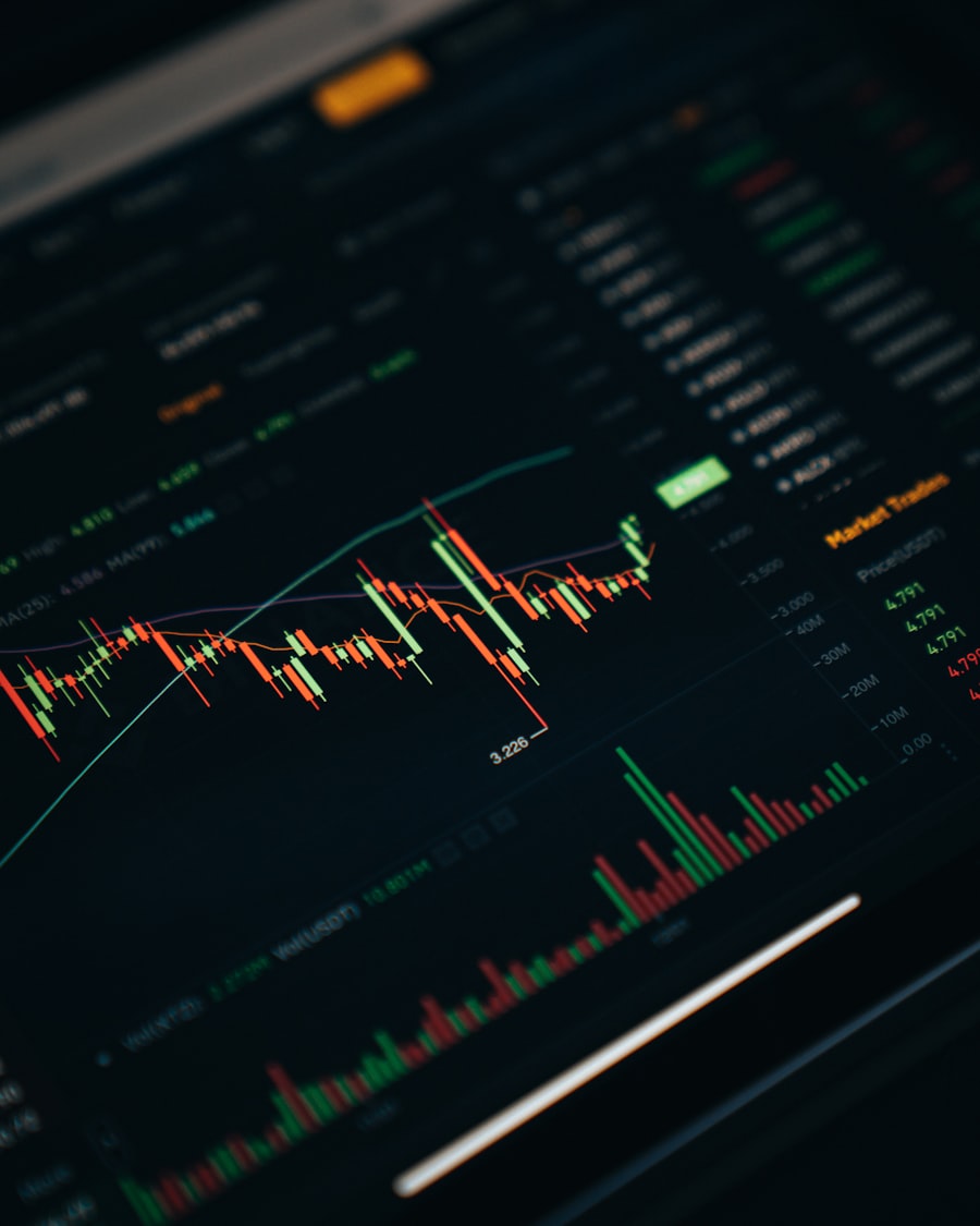 Trading charts on a laptop screen in a dark workspace